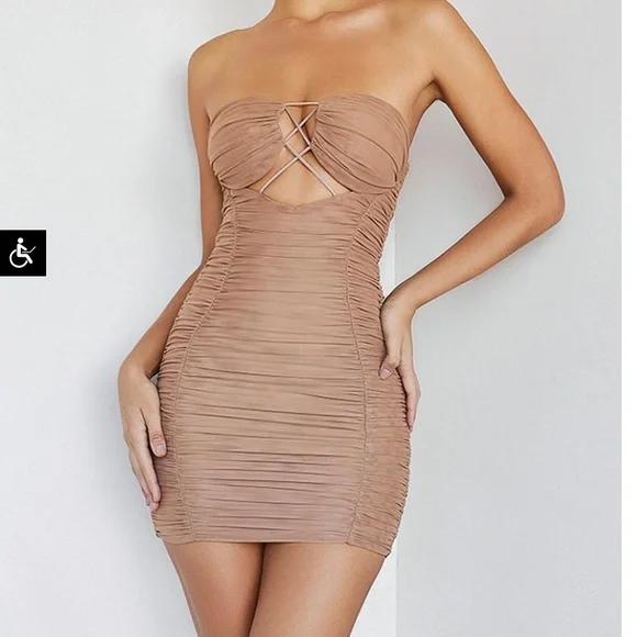 Mistress Rocks Radiance Strapless Mini Dress In Camel, Size Xs